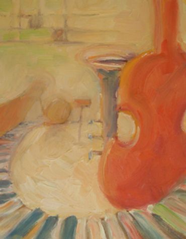 Abstract flower painting,prints,beige,orange,gray,piano keys,violin,drum, www.theheardgallery.com