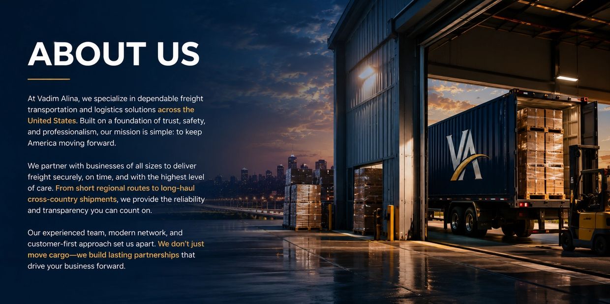 Freight transportation and logistics about us section with VA truck at warehouse.