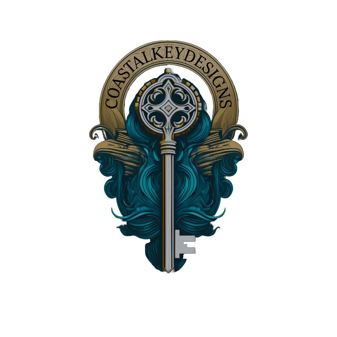 Intricately designed key with oceanic waves and wooden arch.