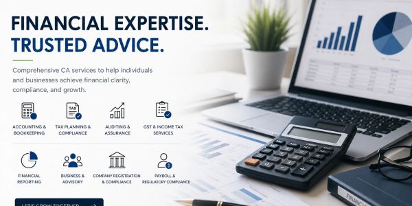 Finance services and advice advertisement with calculator and laptop.