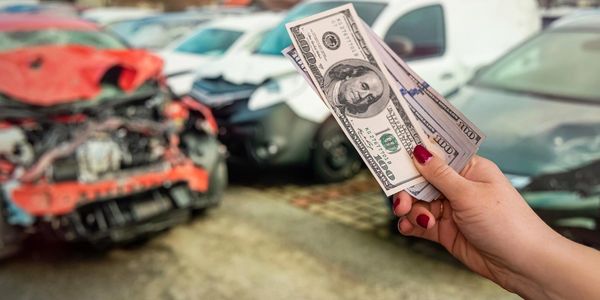 Hand holding cash in front of damaged cars at a salvage yard.