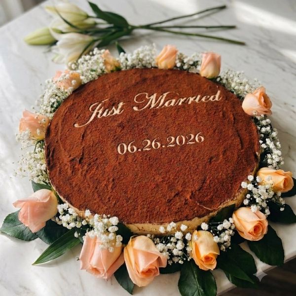 Bespoke authentic Tiramisu wedding cake dairy free and gluten free, designed with flowers. By Solo T