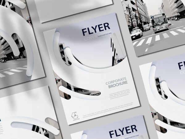 Corporate brochure flyer with modern design and city imagery.