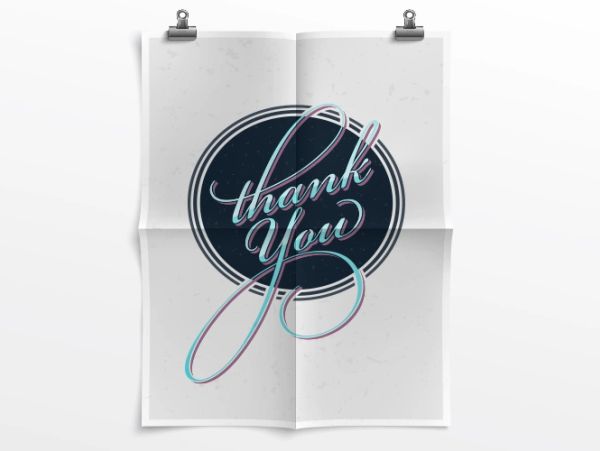 Poster with "thank you" script text in circle.