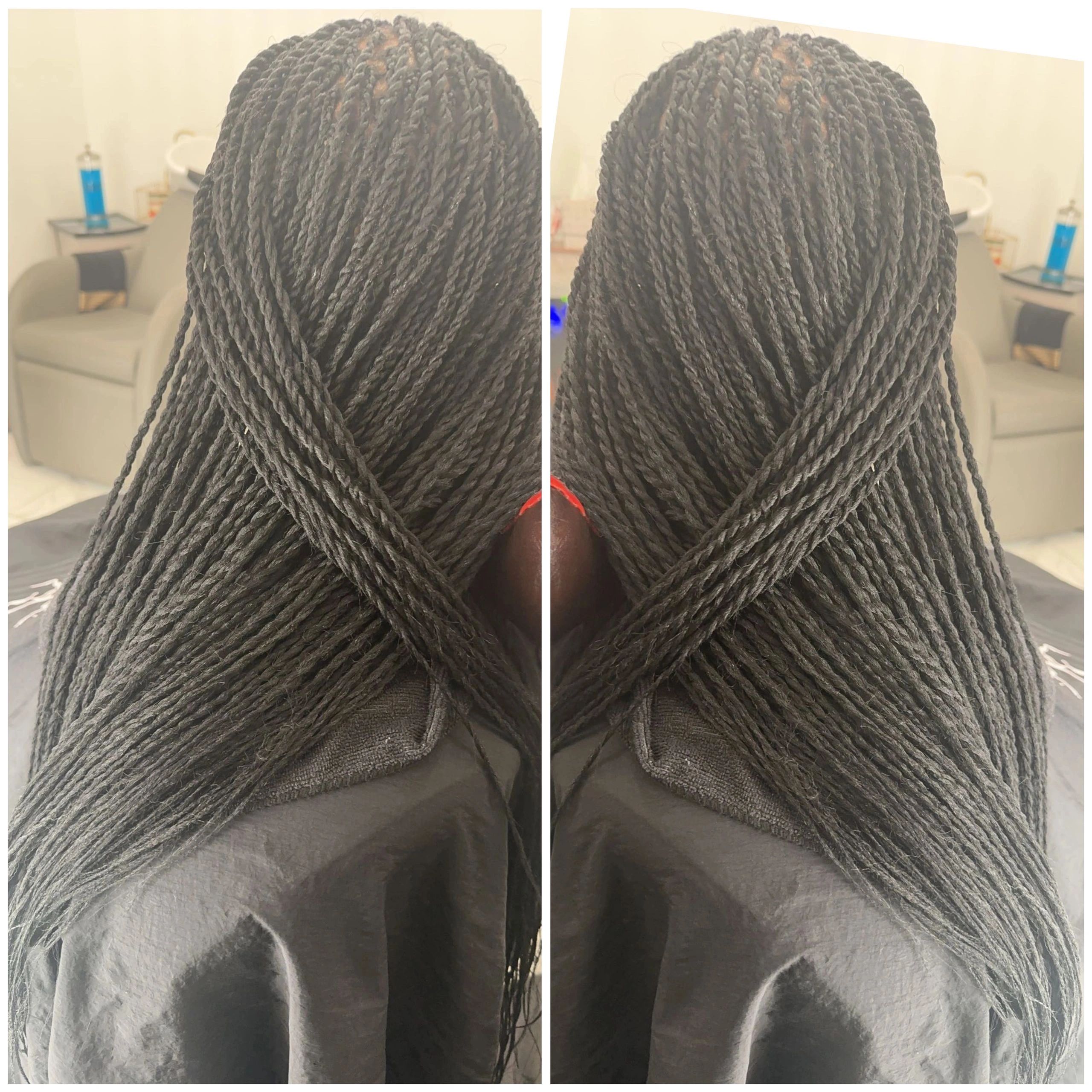 Close-up of neat black twists hairstyle from the back.