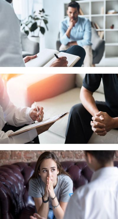 A man is thoughtfully talking to a therapist taking notes.