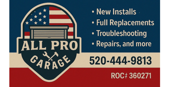 Business card for All Pro Garage offering installation, repair, and troubleshooting services.