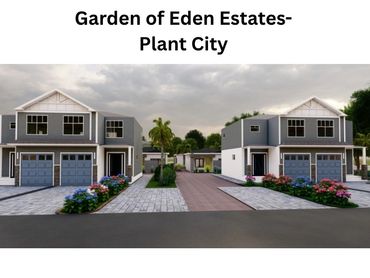 Modern twin homes in Garden of Eden Estates, Plant City, with landscaped gardens and garages.