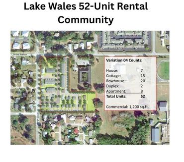 Aerial view of a 52-unit rental community plan in Lake Wales with residential and commercial units.