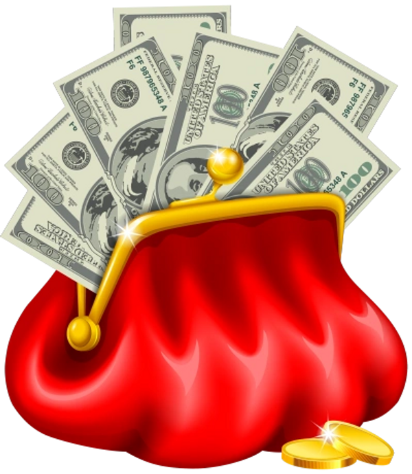 Red purse filled with hundred-dollar bills and gold coins.