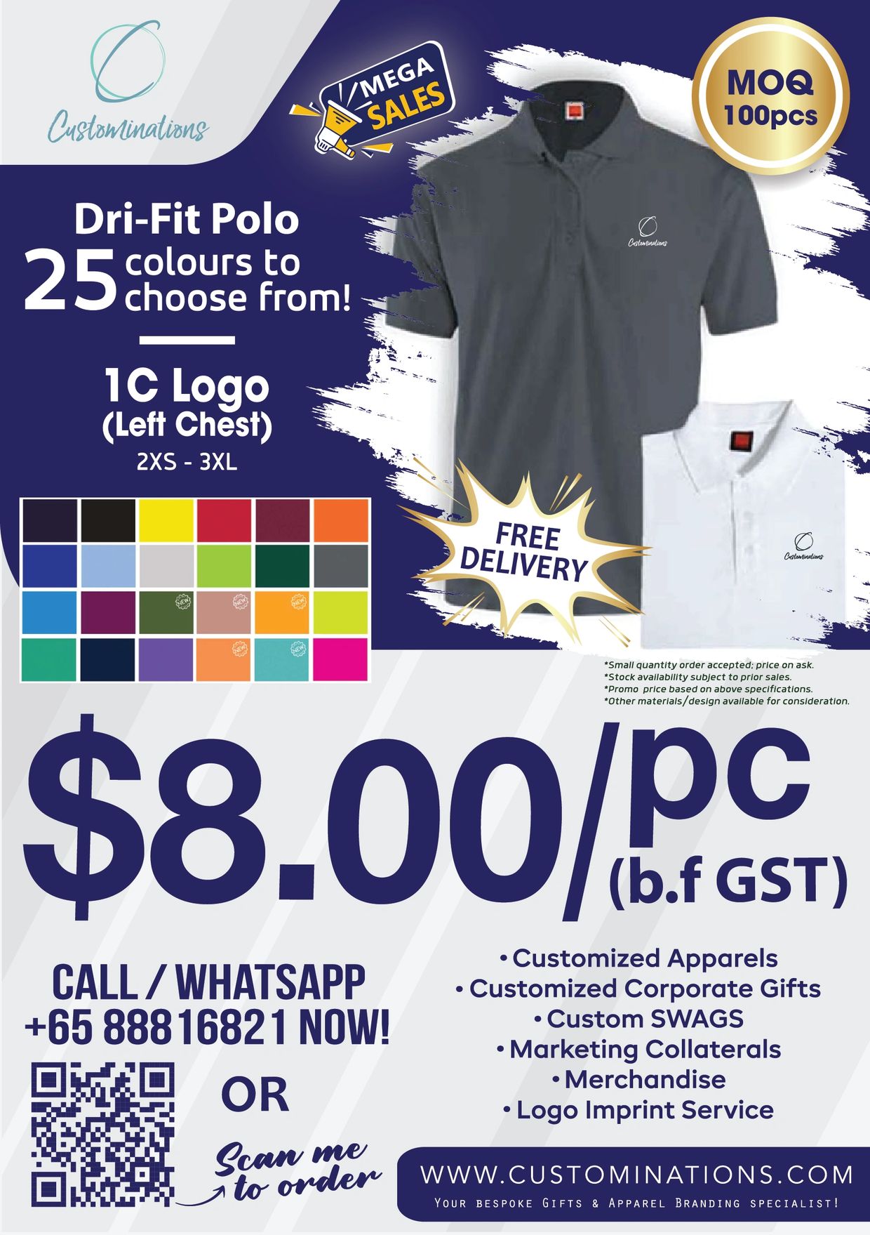 Customizable dri-fit polo shirts in 25 colors with logo imprint, priced at $8.00 each plus GST.