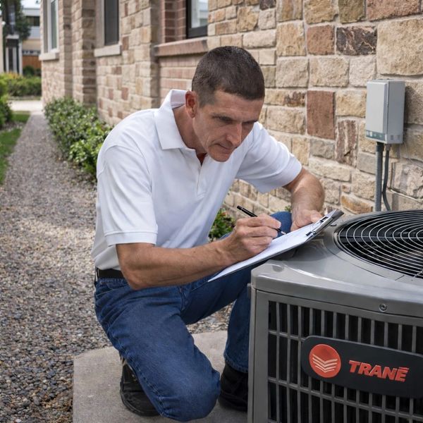 Dave with DCS Home Inspections inspecting the outside air condenser unit.
