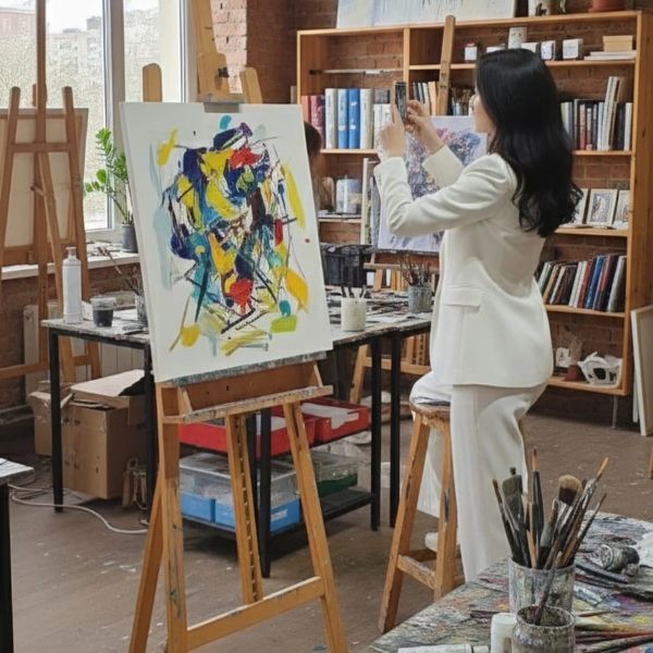 Artist photographing abstract painting in a cozy, well-lit studio.