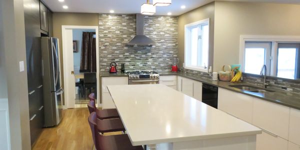 Newly renovated kitchen with large island. 