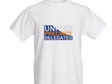 White t-shirt with 'United Precinct Delegates' graphic design.