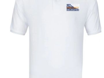 White polo shirt with a small logo on the chest.
