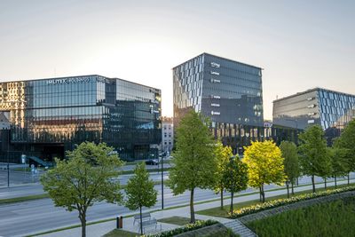 Commercial office building parking garage with EV charging stations installed