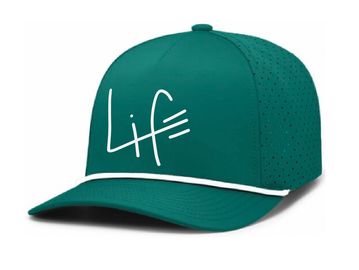 Green baseball cap with 'Life' written on the front.