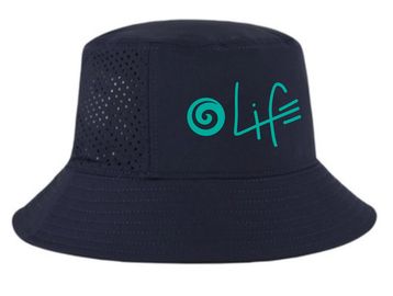 Black bucket hat with turquoise "Life" logo and side ventilation holes.