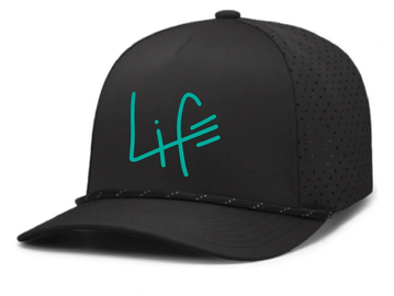 Black cap with teal 'Life' text and perforated back panel.