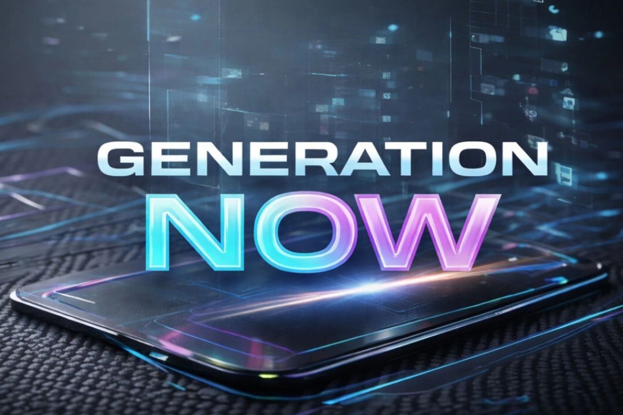 Futuristic graphic showing the words 'GENERATION NOW' above a smartphone.