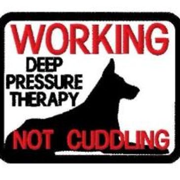 Sign shows a dog silhouette with text about deep pressure therapy, not cuddling.