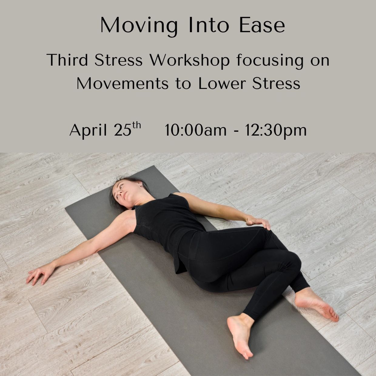 Woman practicing a stress-relief stretch on a yoga mat.