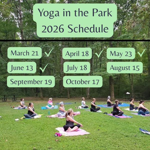 People practicing yoga in a park with a 2026 schedule overlay.