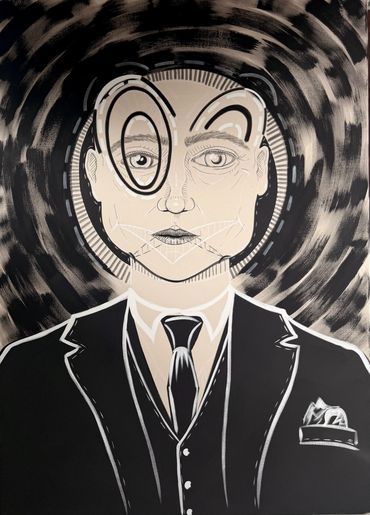 Abstract portrait of a man in a suit with distorted facial features and swirling background.