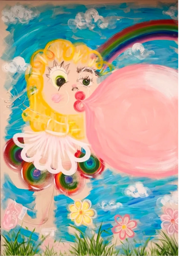 Whimsical painting of a girl blowing a large pink bubble with a rainbow and flowers.