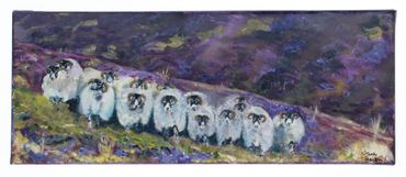 sheep in heather, painting, purple, art, art for sale