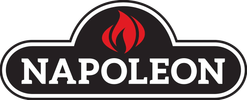 Napoleon logo with red flame and bold white text on black background.