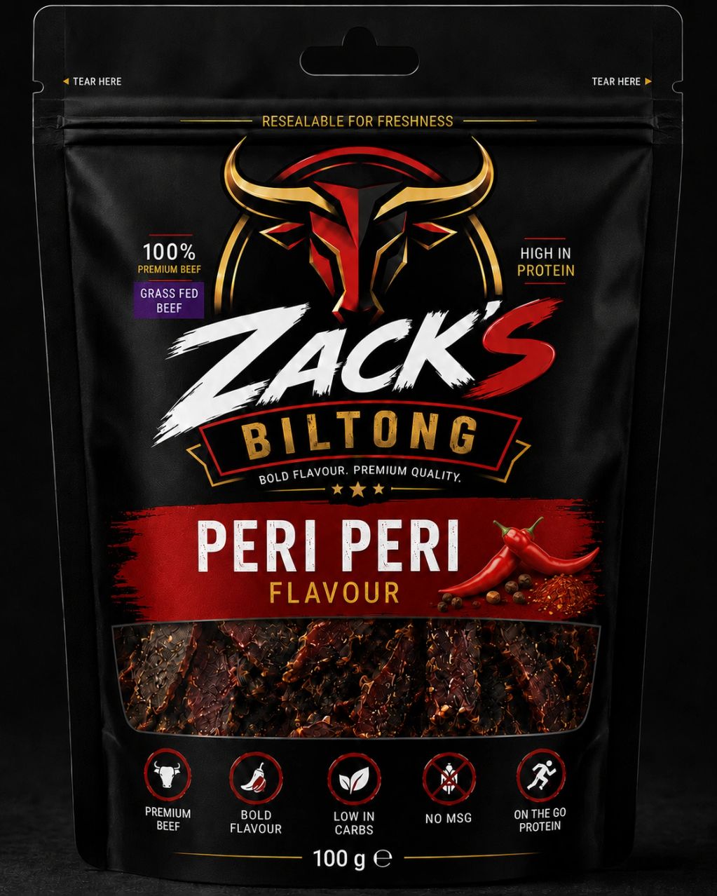 Zack's Biltong Peri Peri flavor with premium beef and high protein.