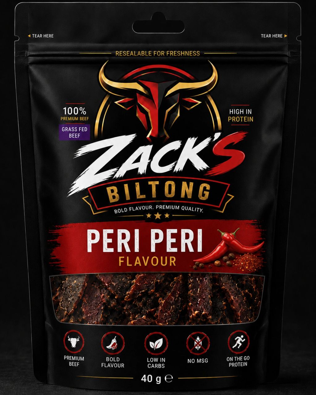 Zack's Biltong Peri Peri flavour beef snack package.