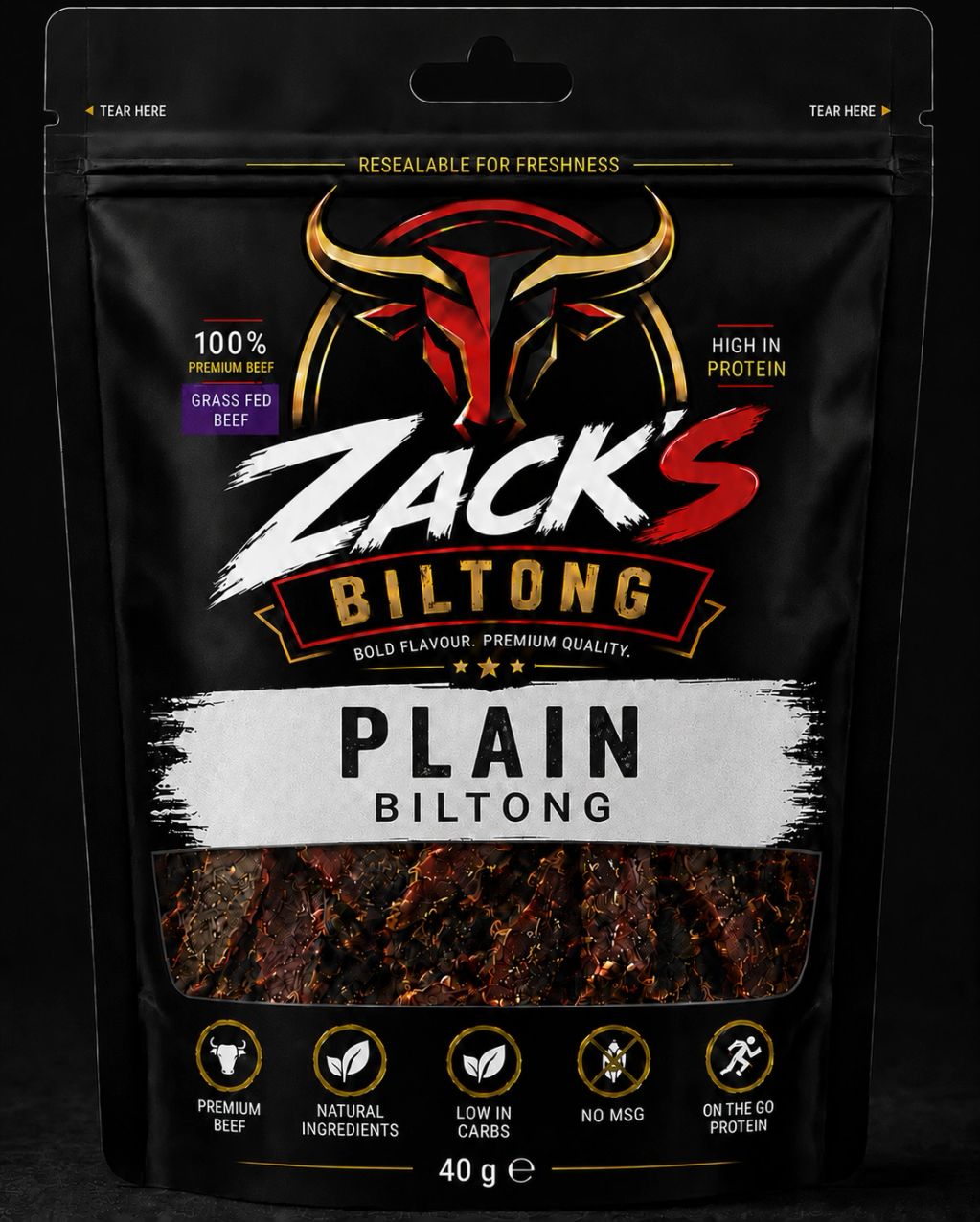 Package of Zack's Plain Biltong made from grass-fed beef.