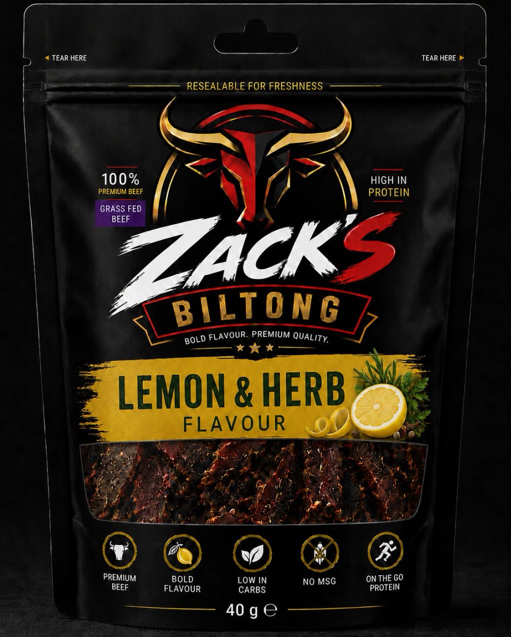 Zack's Biltong Lemon &amp; Herb flavour beef snack packaging.