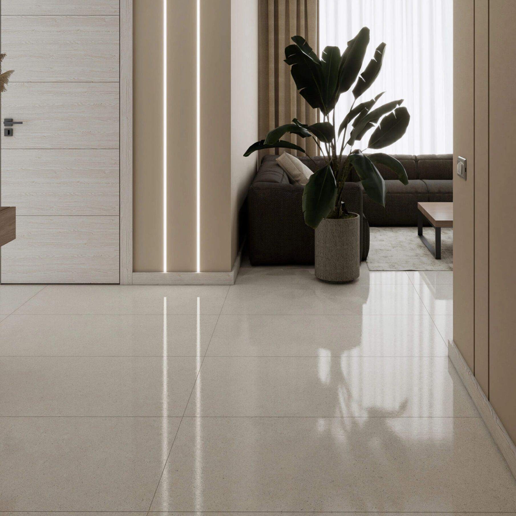 Bastille Sand tile 24in by 48in porcelain rectified tile with beige gold sand stone finish on floor