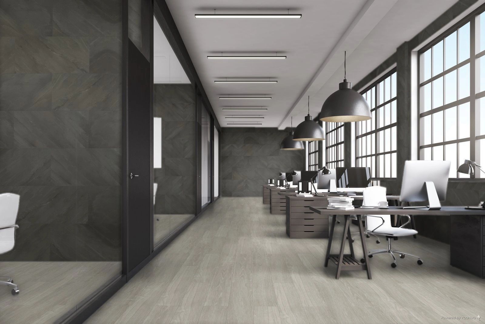 Blendwood Fumo wood look tile 8in by 48in porcelain rectified tile with grey tones in office