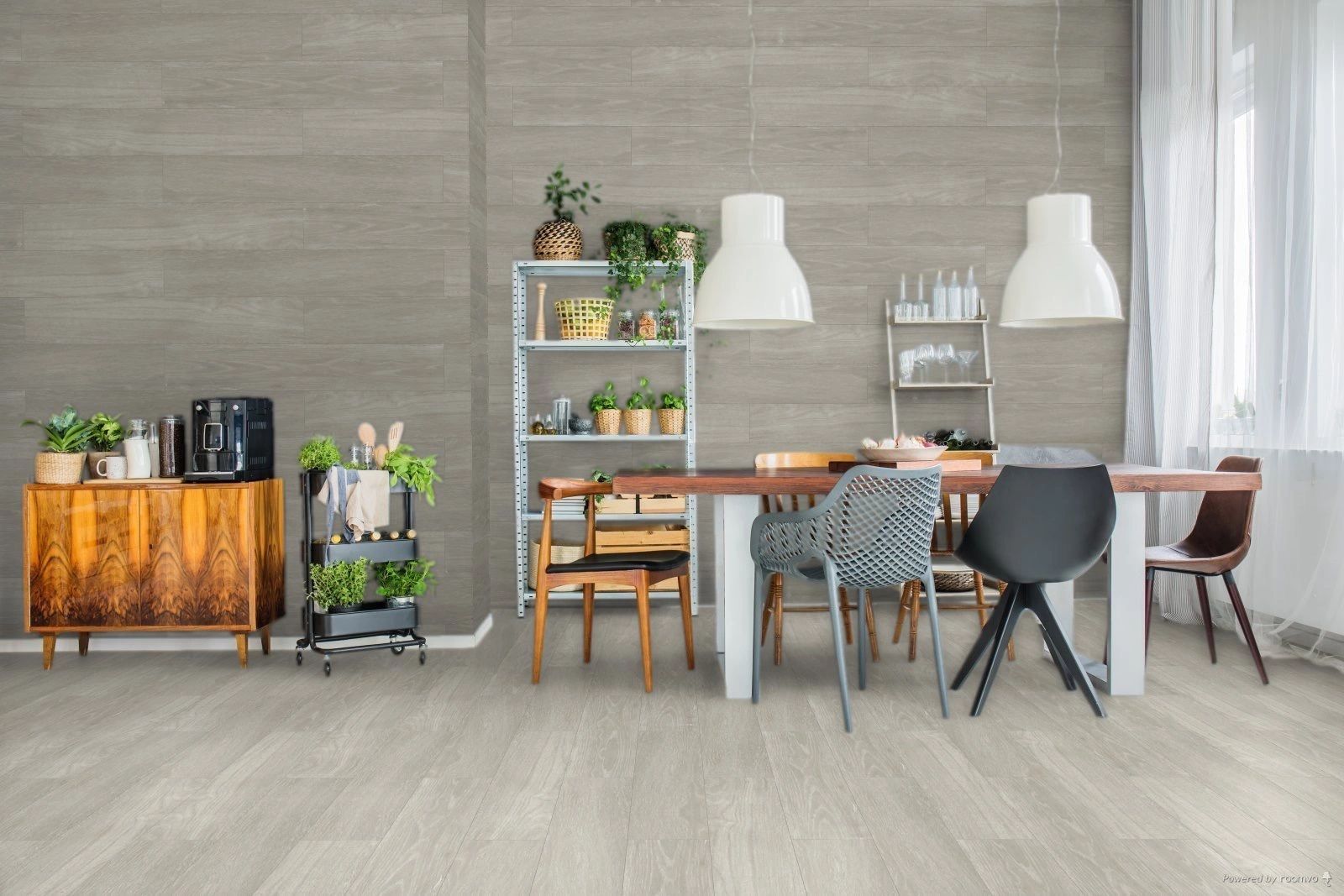 Blendwood Fumo wood look tile 8in by 48in porcelain rectified tile with grey tones on wall and floor