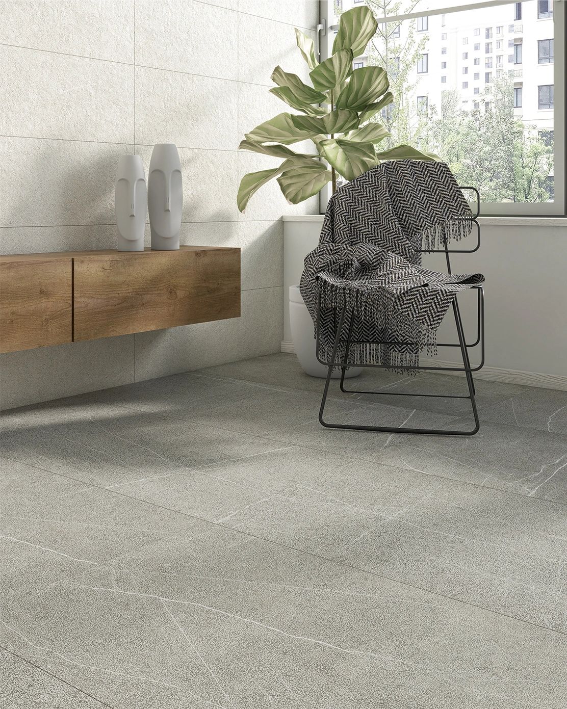 Martel Gray tile 24in by 48in porcelain rectified tile with grey tones and white veins in bathroom