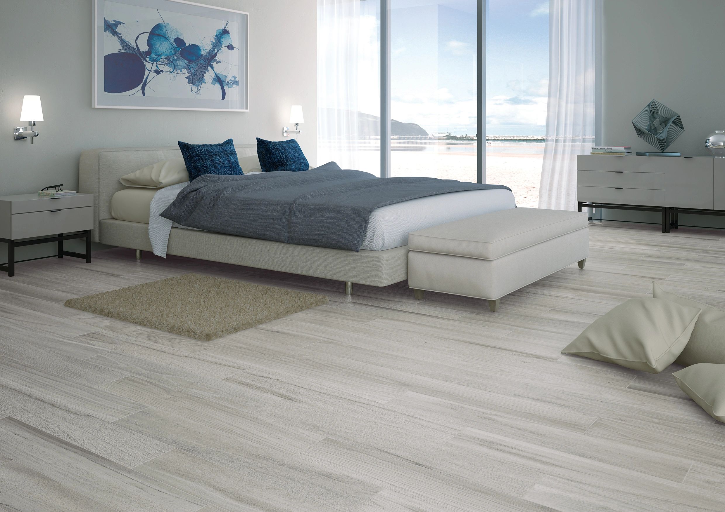 Blendwood Fumo wood look tile 8in by 48in porcelain rectified tile with grey tones on floor 