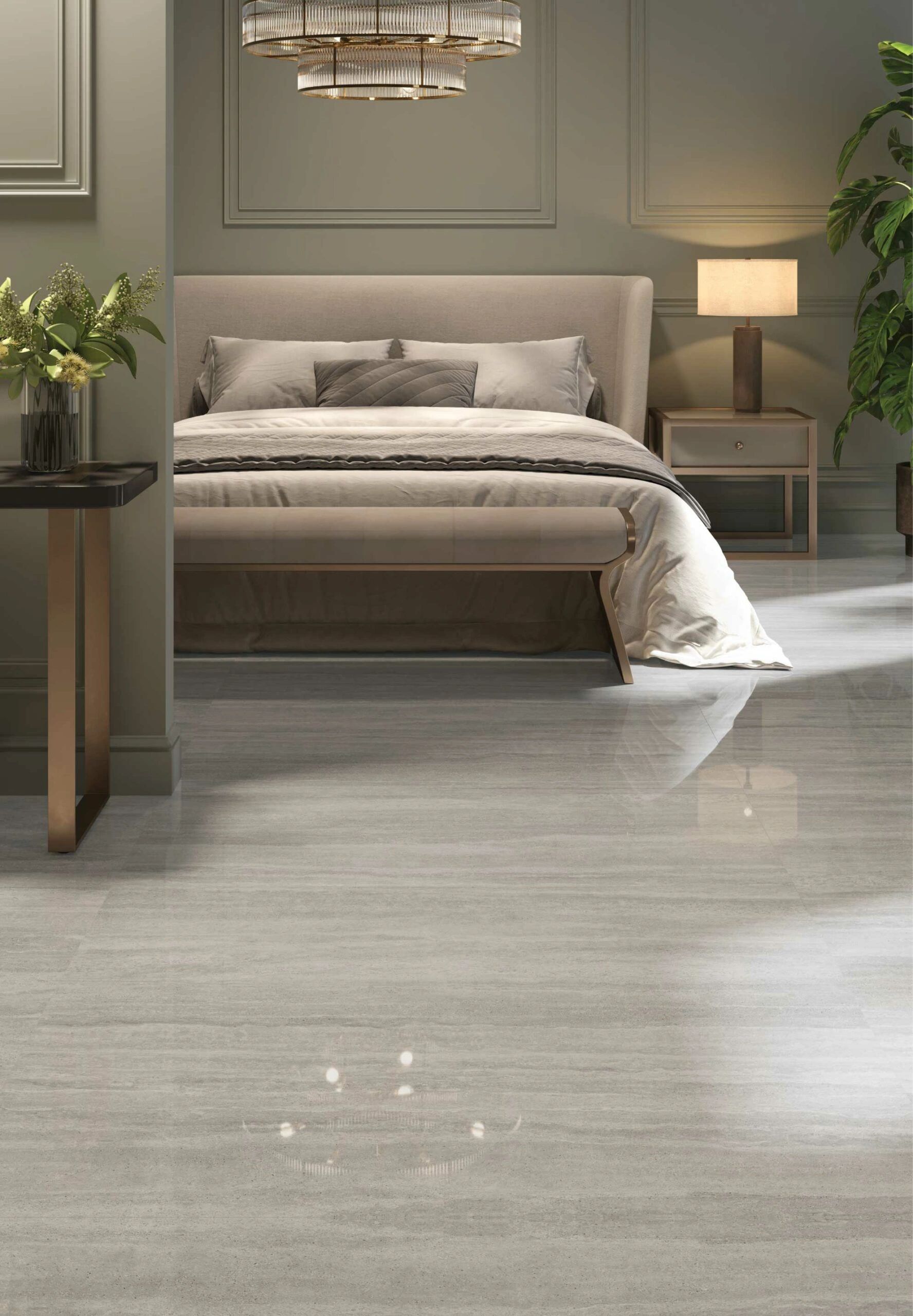 Caravita Platino tile 24in by 48in porcelain rectified tile with grey tones and white veins on floor