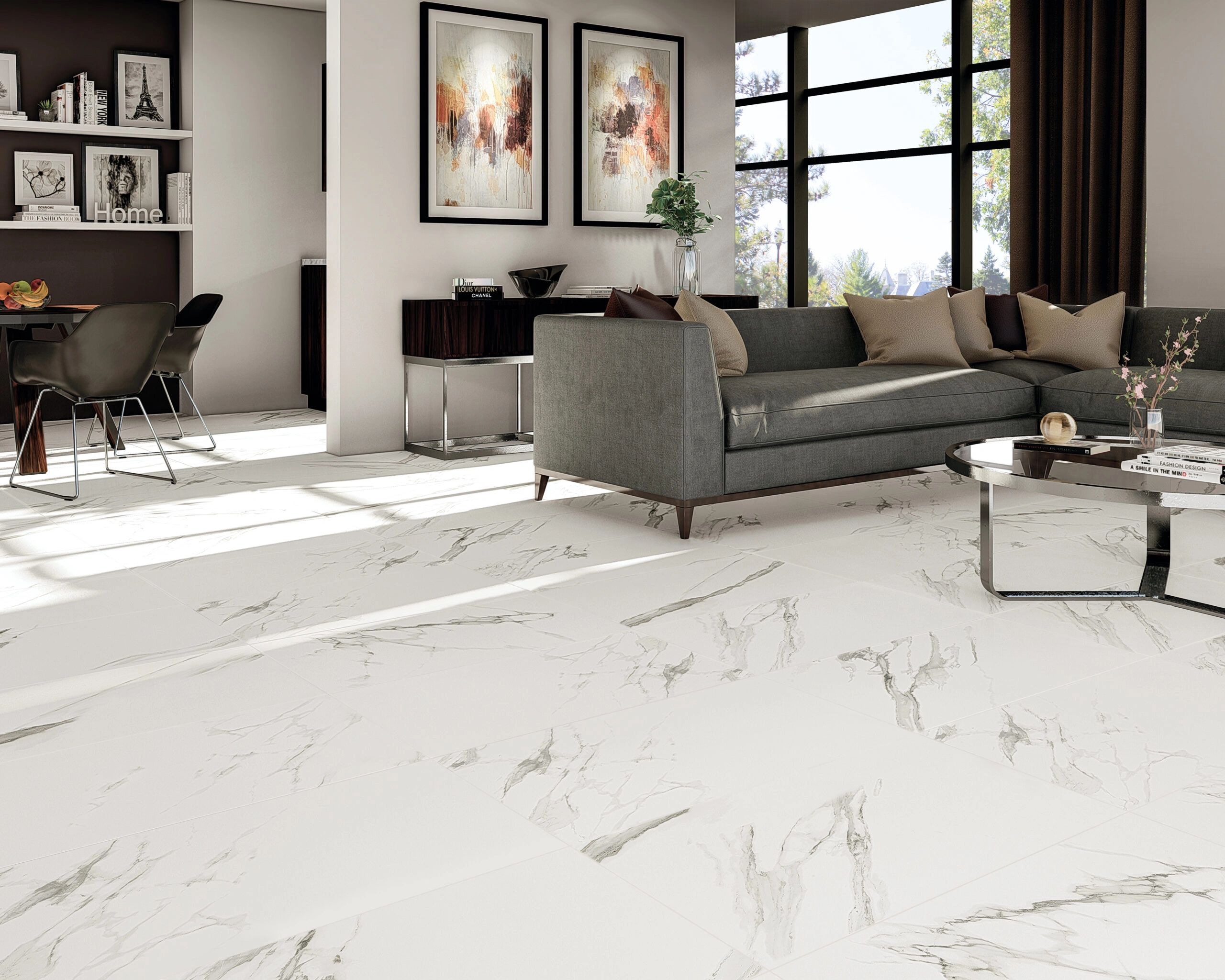 Veleta tile 24in by 48in porcelain rectified tile with white and grey matte marble finish on floor