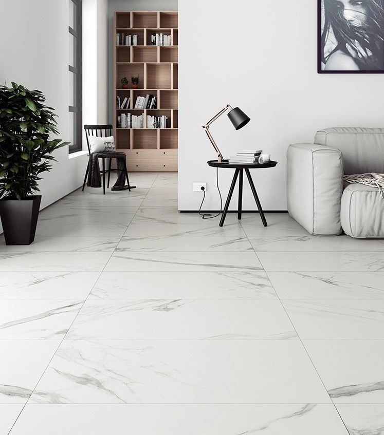 Veleta tile 24in by 48in porcelain rectified tile with white and grey matte marble finish on floor