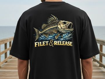 Black t-shirt with a fish skeleton graphic and 'Filet &amp; Release' text.