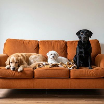 Three dogs sitting and lying on an orange couch.