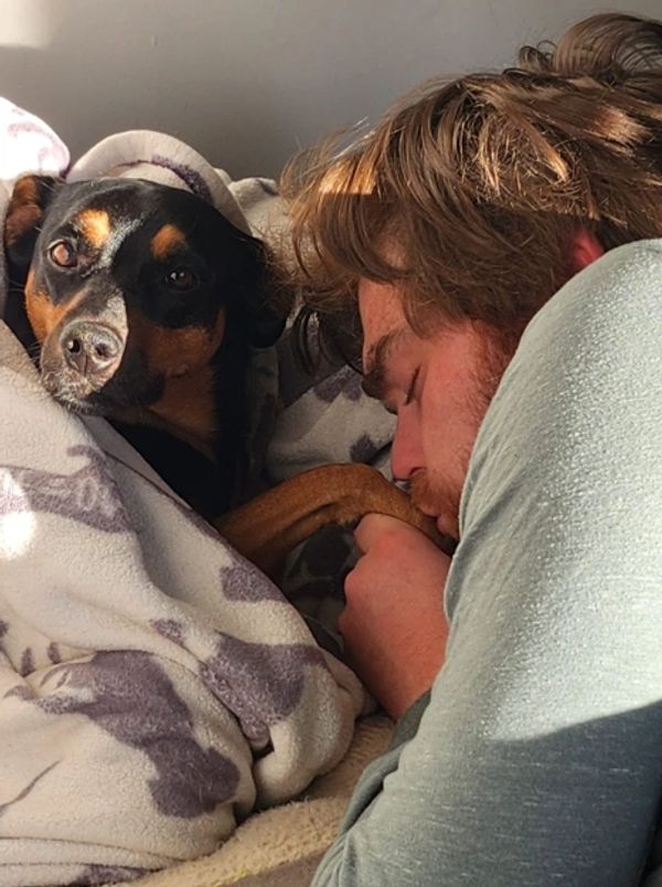 Man cuddling and kissing a dog's paw while the dog rests wrapped in a blanket.
