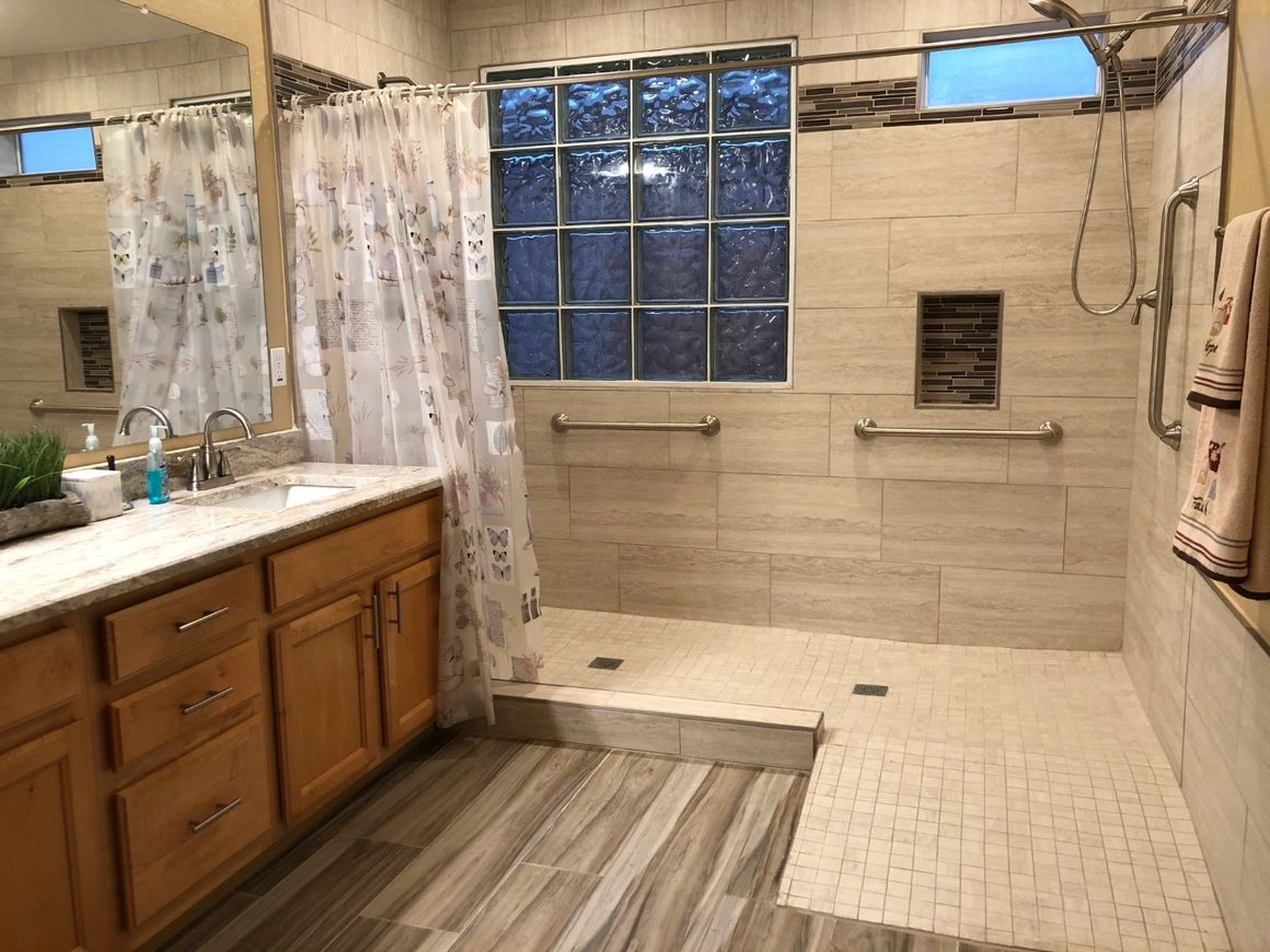 Bathroom shown at Marigold at Redwood Assisted Living Home.