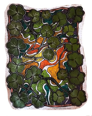 Pond of Fortune, 2023, Pressed Shamrocks, Ink, White Ink Pen & Watercolor Markers, 9" x 12"
