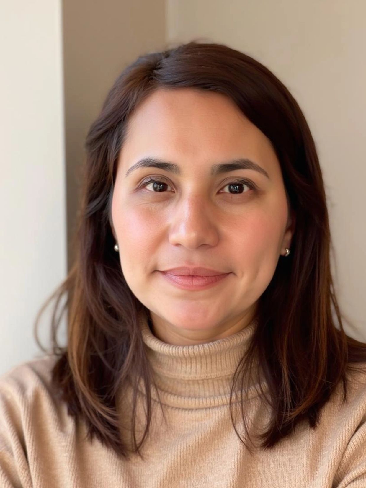Close-up portrait of a woman with brown hair and a beige turtleneck sweater.